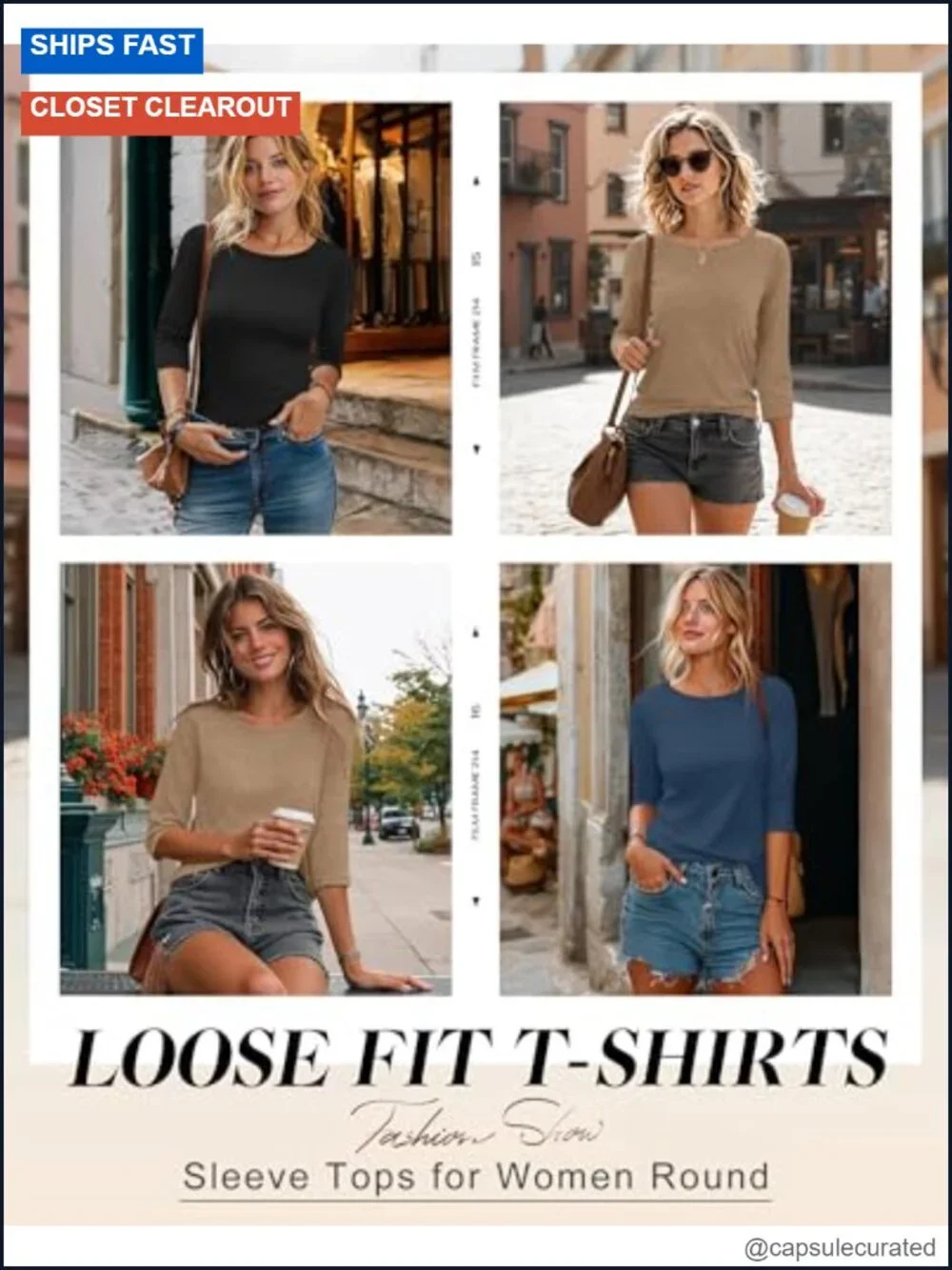 Women's 3/4 Sleeve T-Shirt 3-Pack Loose Fit Soft Rayon Blend Casual Tees